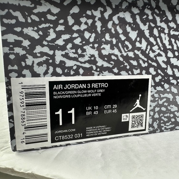 Nike Air Jordan 3 Retro Black Green Glow Grey CT8532-031 Men’s Size 11 - Picture 12 of 13